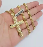 Real 10k Gold Cross Pendant Necklace 24 Inch SET Chain 5mm Miami Cuban Link 10KT