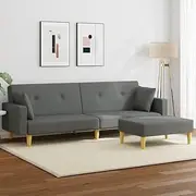 2-Seater Convertible Sofa Bed, Dark Grey Fabric Sleeper Couch with Folding Footstool, Comfy Lounge Futon for Small Room