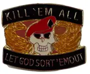 Kill Em All Let God Sort Em Out RANGER Military Hat Pin Lapel VTG Skull Wing