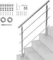VEVOR Handrails for Outdoor Steps, 47.2in Length 3 Crossbars Stair Hand Rail Kit, Transitional Stainless Steel Railings w/Installation Kit, Double-Column Staircase Handrails for Seniors,Porch & Deck
