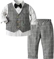 [SEAUR] Baby Boy Formal Outfits Wedding Birthday Gentlemen Outfit 3pcs Tuxedo Formal Suit Plaid Vest Pants Shirt with Tie 6M-4T