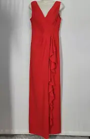 Aidan Mattox Red Crepe Chiffon Ruffle V-neck Gown Size 8