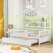 YOPTO Twin Size House Bed with Trundle,Pine Wood Playhouse Bed Frame W/ 2 Storage Shelves,Full Length Guardrail,No Box Spring Needed,Easy Assembly,for Kids,Boys,Girls