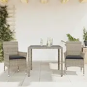 3 Piece Garden Dining Set with Cushions Light Grey Poly Rattan and Glass Patio Bar Sets