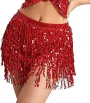 [XINCHIA] Women Girls Sparkly Sequin Skirt for Belly Dance Latin Festival Outfit Tassel Skirt Multilayer Fringe Hip Scarf Glitter Rave Party Costume Mini Skirt for Night Club Sports Events Summer Beach Party