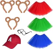 8 Pieces Chipmunks Costumes Set Include 3 Chipmunk Ears Headband 3 Tutu Dress 1 Black Round Frame Glasses for Halloween Party Animal Costume Accessories