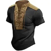 Men's T Shirt Tee Short Sleeve Collar Summer Color Block Vintage Fashion Lace up Print Casual Daily Sports Dark Brown Drak Gray Blue Top Tee for Men