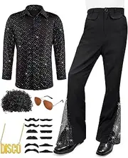 Men's 70s Disco Outfit Costume Bell Bottom Pants Long Sleeve Shirts Wigs Necklace Moustache Sunglasses