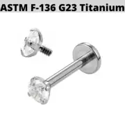 16G Internally Threaded Solid G23 Titanium Prong Set CZ Gem Labret Stud Lip Ring