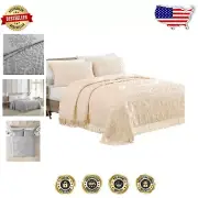 Timeless Gray Chenille Bedspread, Queen with Scroll Accents and Fringed Hem