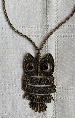 Vintage Cookie Lee owl necklace, burnished brass, reticulating, with tag