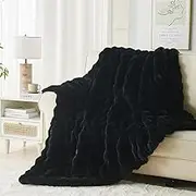 Jeyfull Fluffy Faux Rabbit Fur Throw Blanket - Soft, Luxury, Cozy Thick Warm Decorative Blanket for Bed, Sofa (Throw Size 50''x60'', Black)