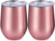 Stainless Steel Wine Glasses Set of 2, Double Wall Insulated with Lid Stemless Coffee Cup Double Wall Vacuum Travel Mugs Cocktails Beer Cups for Cold & Hot Drinks (Rose Gold)
