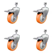 4 Inch SS Orange Polyurethane ½ Inch Threaded Stem Caster Set Total Lock Brake