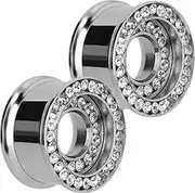[CAIRIAC] Diamond Gauges Rhinestone Plugs Crystal Tunnels for Ears, Stainless Steel Double Halo Ear Tunnel Diamond Plugs Screw Back Gauges Earrings for Women Men (Silver, 1 Pair)
