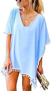 [SNOMYRS] Women Swimsuit Cover Up Chiffon Tassel Cover Ups Beach Bikini Swimwear Swimsuit Dress Coverups Plus Size, lightblue, Medium-Large