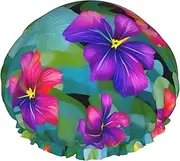 Hawaiian Colorful Flower Print Shower Cap For Women Men Reusable Lightweight Soft Bath Hair Cap With Elastic Band
