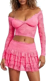 [Aopwsrlyi] Women Sexy 2 Piece Lace Skirt Sets Long Sleeve Off Shoulder Sheer Mesh Top Tiered Mini Skirt Set Rave Outfits
