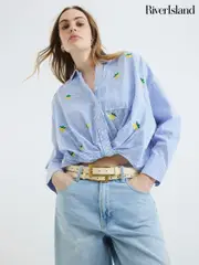 River Island Blue Lemon Stripe Printed 100% Cotton Shirt (F98626) | $83