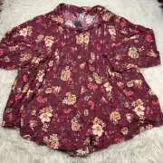 NWT Torrid Women's 5X Rayon Slub Lace Trim Tunic Top Burgundy Red Floral