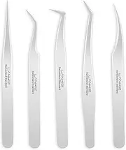 LANKIZ Eyelash Extension Tweezers Set 5 PCS for Volume Lash Extensions Stainless Steel Straight and Curved Tips Eyelash Tweezers for Extensions Isolation Fanning Applicator -Silver