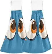 Amooorous Big Eyes Dark Blue Cartoon Decorative Bathroom Hand Towels with Hanging Loops 2 Pack Hand Towels Decorative Set White dishcloths