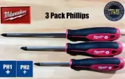 3 Milwaukee Screwdriver Set High Leverage Tri-Lobe Magnetic Tip Phillips #1 #2