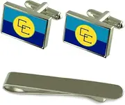 [Select Gifts] CARICOM Silver Flag Cufflinks Engraved Clip Gift Set