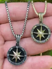 Real Solid 925 Silver 14k Gold Plated Navigation Star Compass Pendant Necklace