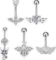 [Niaspi] 5Pcs 14G Stainless Steel CZ Belly Navel Rings Set for Women Sparkling Heart Bat Bee Belly Navel Rings Belly Barbell Body Piercing Jewelry, Stainless Steel, cubic zirconia
