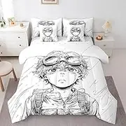 Erosebridal Black White Anime Boy 7 Piece Queen Comforter Set, Japanese Soft Bedding for Kids Boys Anime Lover, Japanese Style Bed in a Bag Bed Set for Bedroom, Stick Figure Fitted Sheets Set