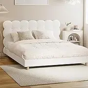 Oikiture Queen Bed Frame Boucle Mattress Platform Bed Base White