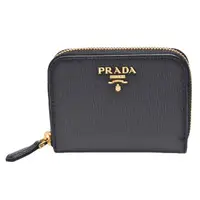 在飛比找momo購物網優惠-【PRADA 普拉達】經典金色浮雕LOGO直紋牛皮拉鍊卡夾/