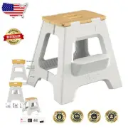 Compact Foldable Step Stool for Adults - 16-Inch Non-Slip Design, Grey & Bamboo