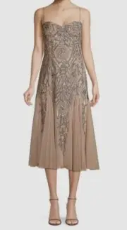 $430 Aidan Mattox Women's Beige Sweetheart Neck Beaded Sequin Midi Dress Size 6
