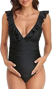[lygchii] Maternity Swimsuit One Piece Swimwear for Women Straps Ruched V-Neck Bathing Suit, Goggles and Swim Cap Included