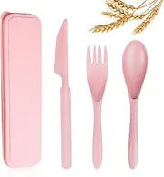 YDYTOP Reusable Travel Utensils Set with Case, Pink Wheat Straw Portable Knife Fork Spoons Tableware, Eco-Friendly BPA Free Cutlery for Kids and Adults as Travel Picnic Camping Utensils