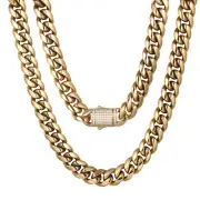 Luxfine 10/12mm Miami Cuban Link Chain 14K REAL Gold Plated Premium Stainless...