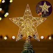 Christmas Tree Topper Star Decorations 10 LED Lights Gold Christmas Tree Glittered Treetop Lamp Ornament 9.8 Inch Metal Design for Holiday Seasonal Xmas Home Party Indoor Decor