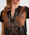 Affliction Women's AC “DEATH SPADE CHROME” rhinestone lace-up T-shirt NWT