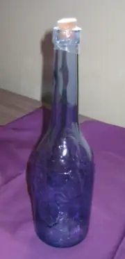 Vintage Wine Bottle Blue Glass Embossed Grapes and Leaves 12" Tall with Cork