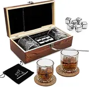 Whiskey Gift Sets for Men,Whisky Glass Set of 2,Stainless Steel Whisky Reusable Ice Stone Cubes,Gift for Christmas,Thanksgiving,Father‘s Day