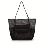 Black Breathable Mesh Beach Tote Bag - Large Capacity Sand-Free Bag with Zipper