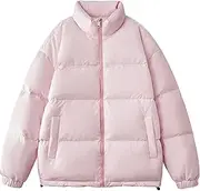 [Gsywaipei] Men's Warm Solid Puffer Jacket Stand Collar Winter Male Down Jackets Full Zip Windproof Puffy Coat, Pink, Medium