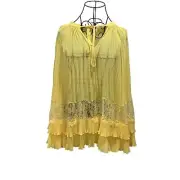 SELF-PORTRAIT Chiffon Lace-detailed Pleated Blouse Yellow Size 2