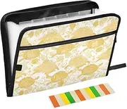 File Pocket Folder 13 Pockets A4 Letter Size with Zipper Closure for Office School White and Gold Animal Turtle Flowers organizador