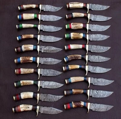 LOT OF 30 HANDMADE DAMASCUS SKINNER KNIFE 6" INCHES STAG HORN HANDLE WITH SHEATH