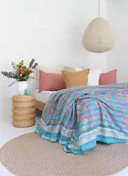 Kantha Quilt Indian Quilt Block Print Quilt Bedspread Bohemian Boho Cotton Throw Quilt Handmade Blanket Doona King Size 068