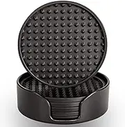 KEHOUXRE Coasters for Drinks 6 Pcs Drink Plastic Coaster with Holder,Heat Resistant Silicone Cup Mat Tabletop Protection,Non-Slip Rubber Coasters for Kinds of Cups (Black)