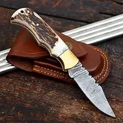 Handmade Deer Stag Horn handle Camping Pocket Knives Hiking Knife With Damascus Steel Folding Knife Blade With Steath Premium Qulaity